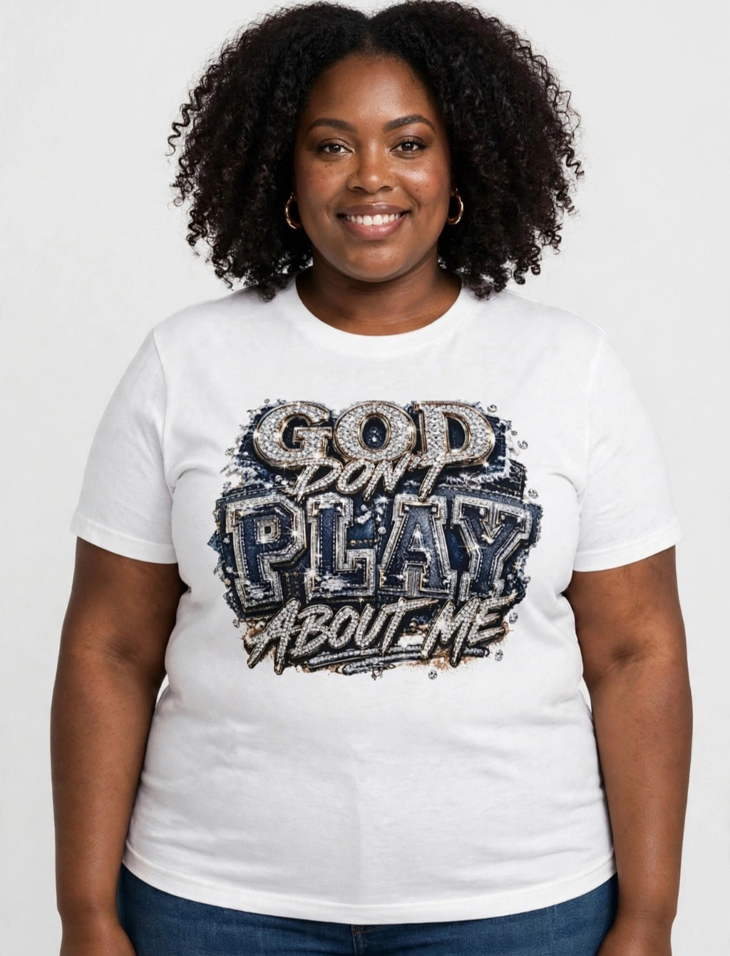 Fenix Rich He Don't Play About Me Women's Rhinestone Graphic T-Shirt