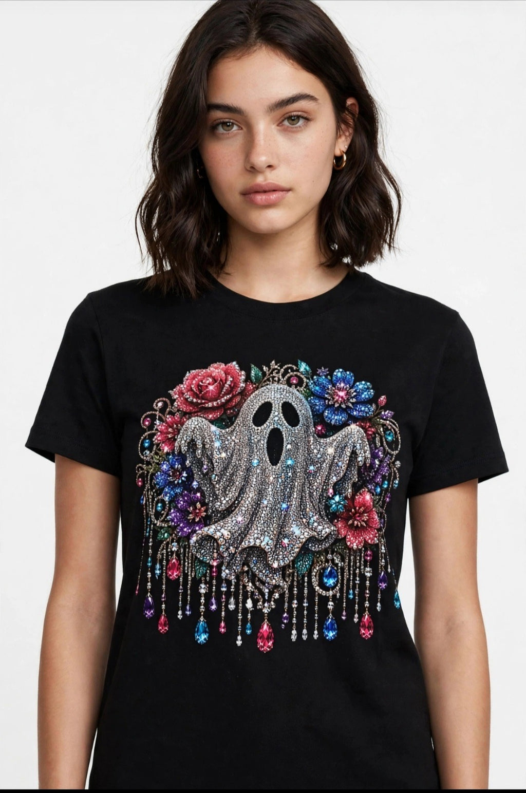Fenix Rich Rhinestone Jeweled Ghost Women's Halloween Graphic T-Shirt