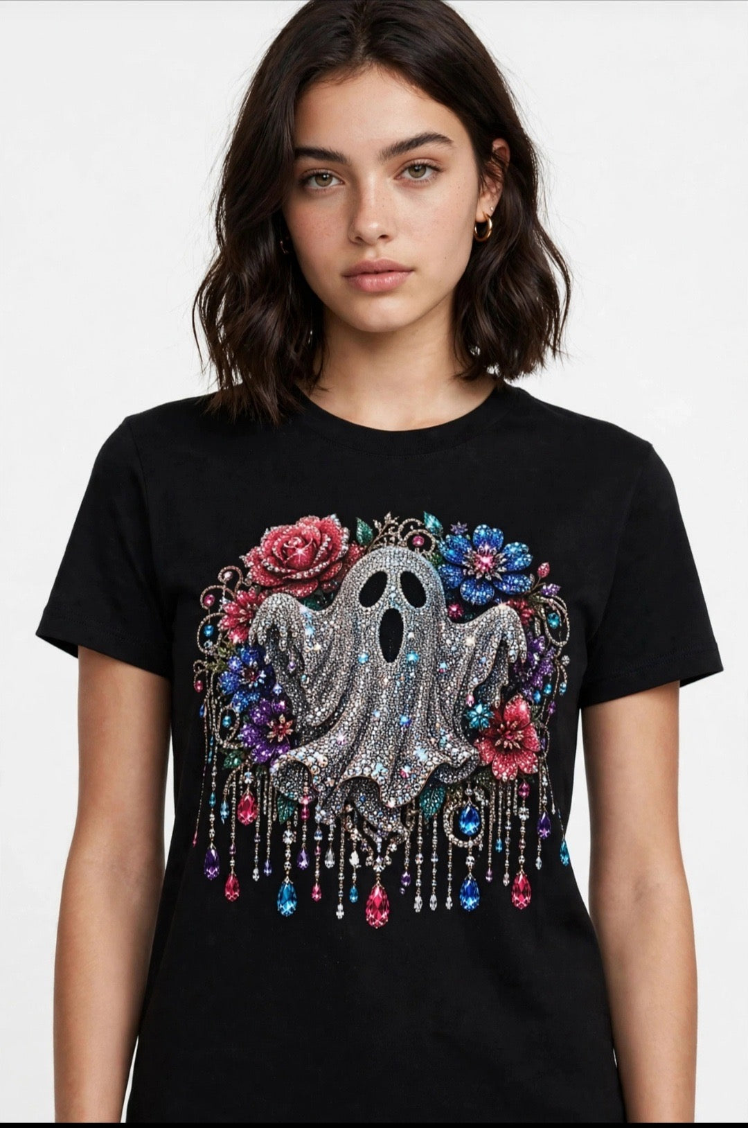 Fenix Rich Rhinestone Jeweled Ghost Women's Halloween Graphic T-Shirt