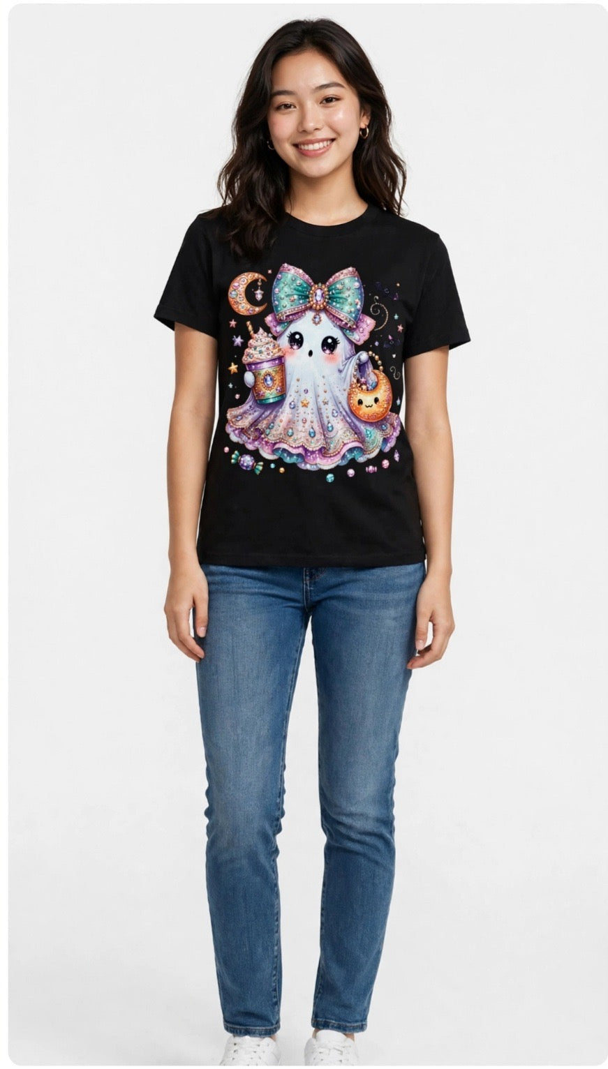 Fenix Rich Kawaii Sparkly Ghost Women's Halloween Graphic T-Shirt