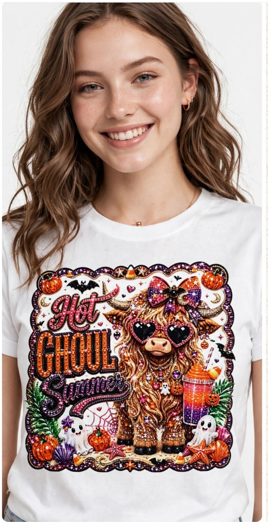 Fenix Rich Hot Ghoul Summer Highland Cow Women's Bling Halloween Graphic T-Shirt