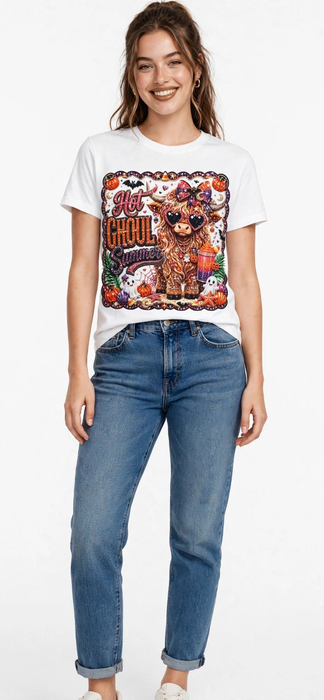 Fenix Rich Hot Ghoul Summer Highland Cow Women's Bling Halloween Graphic T-Shirt