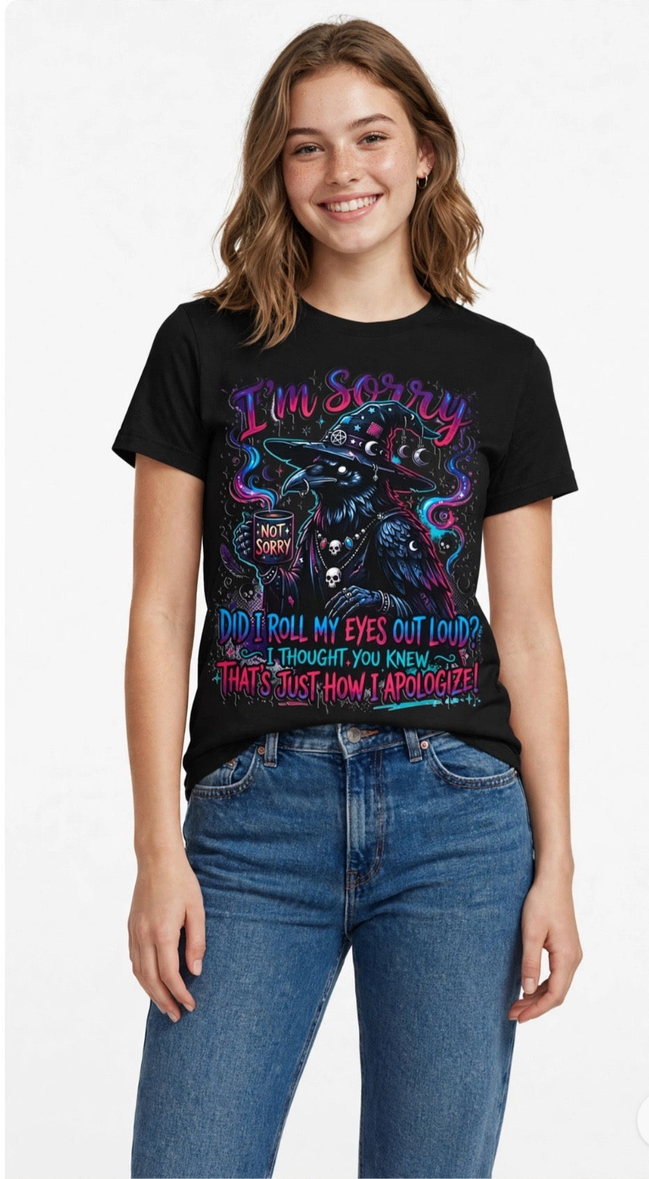 Fenix Rich Witchy Sarcastic Eye Roll Crow Women's Halloween Graphic T-Shirt