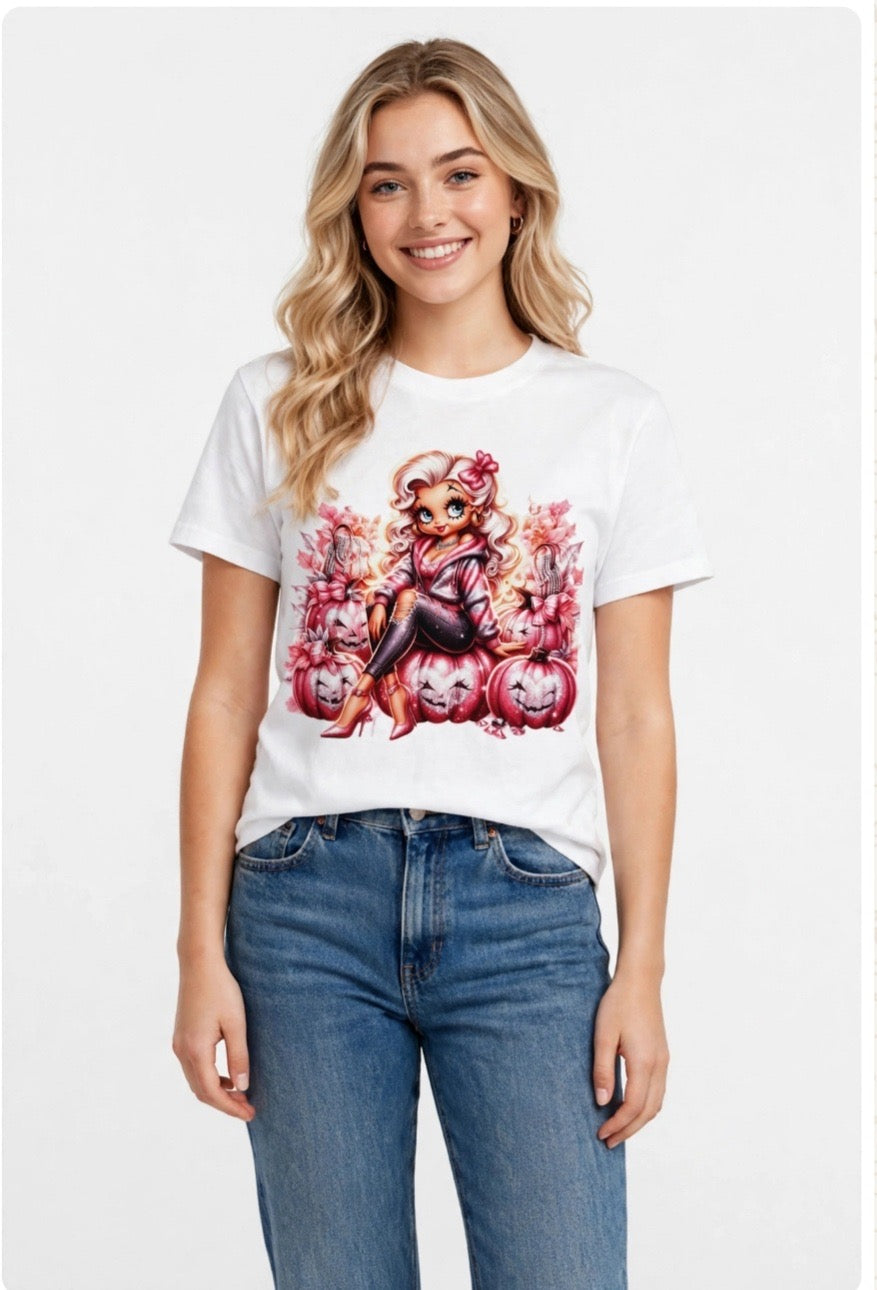 Fenix Rich Pink Pumpkin Glam Doll Women's Halloween Graphic T-Shirt