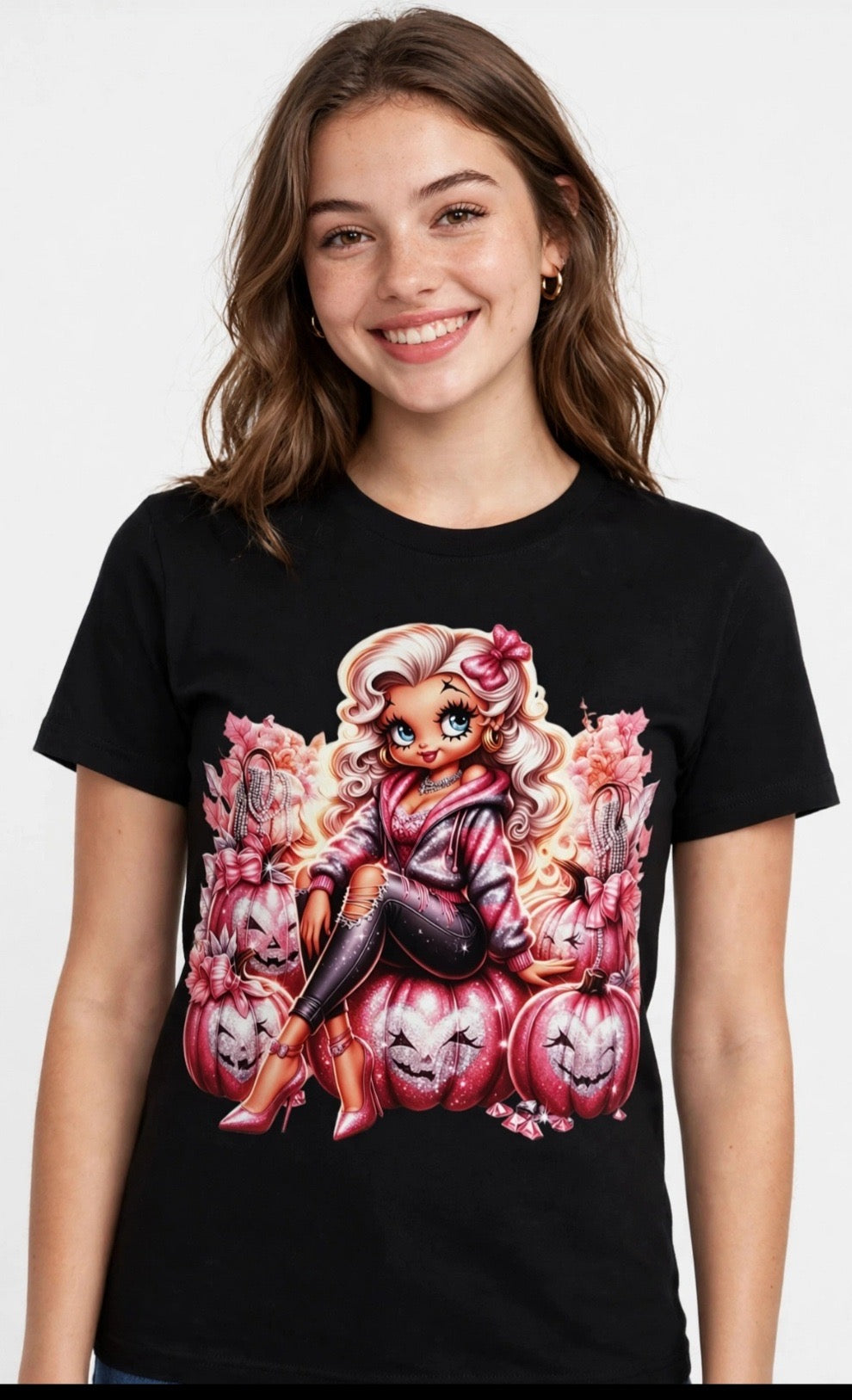 Fenix Rich Pink Pumpkin Glam Doll Women's Halloween Graphic T-Shirt
