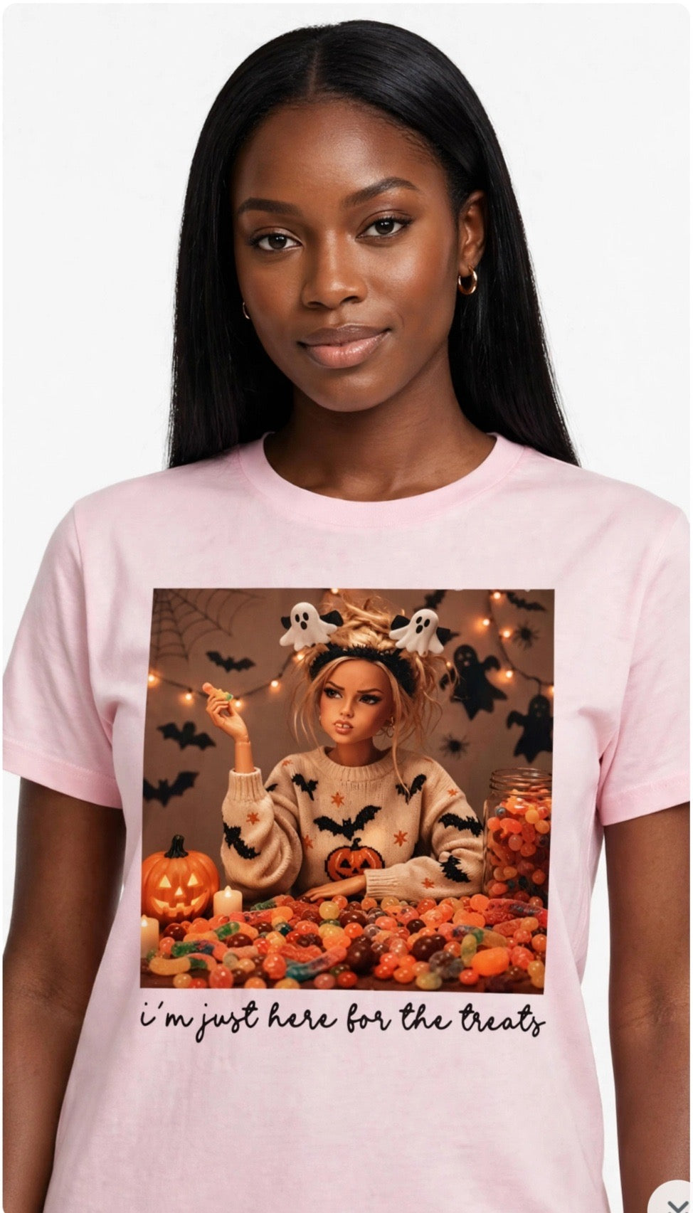 Fenix Rich I'm Just Here for the Treats Women's Halloween Graphic T-Shirt