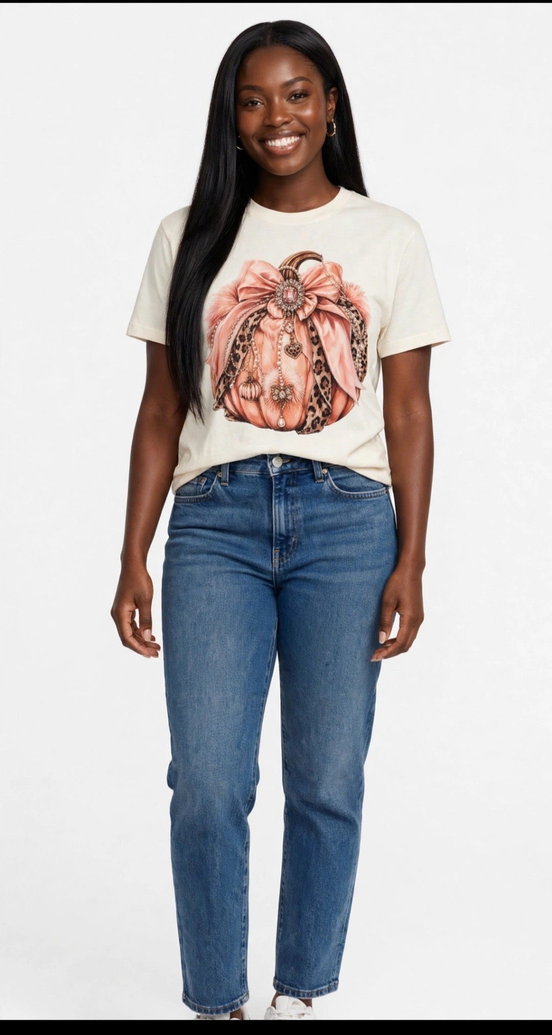 Fenix Rich Glam Coquette Bow Pumpkin Women's Fall Graphic T-Shirt