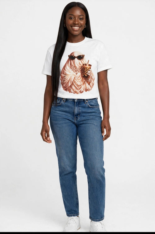 Fenix Rich Boujee Leopard Print Iced Coffee Ghost Women's Halloween Graphic T-Shirt