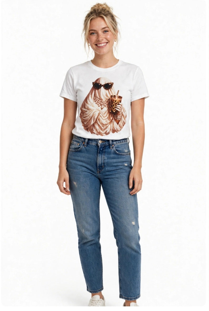Fenix Rich Boujee Leopard Print Iced Coffee Ghost Women's Halloween Graphic T-Shirt