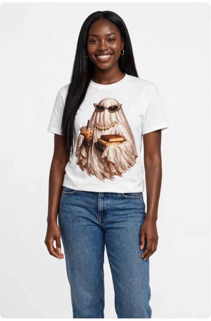 Fenix Rich Bookish Boujee Ghost Books Iced Coffee Women's Halloween Graphic T-Shirt