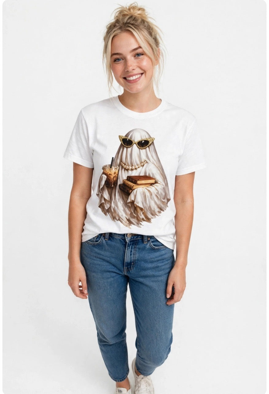 Fenix Rich Bookish Boujee Ghost Books Iced Coffee Women's Halloween Graphic T-Shirt