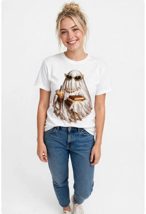 Fenix Rich Bookish Boujee Ghost Books Iced Coffee Women's Halloween Graphic T-Shirt