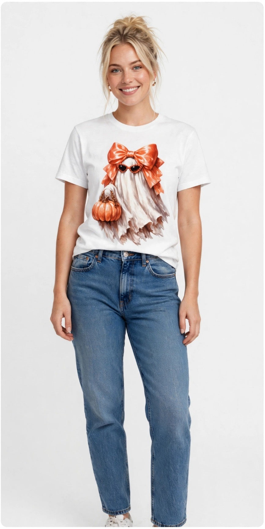 Fenix Rich Coquette Bow Ghost Pumpkin Bag Women's Halloween Graphic T-Shirt