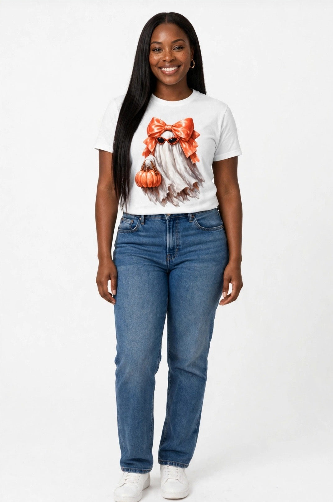 Fenix Rich Coquette Bow Ghost Pumpkin Bag Women's Halloween Graphic T-Shirt