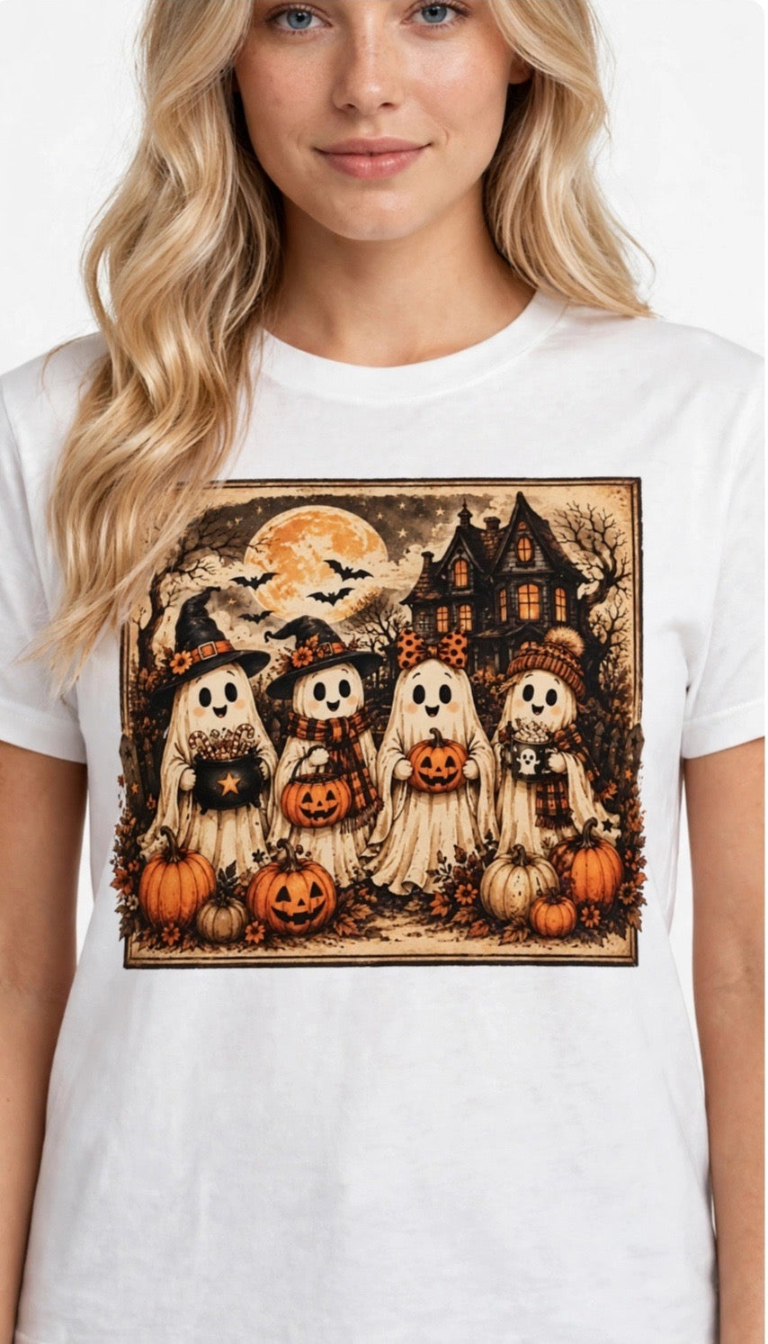 Fenix Rich Retro Vintage Besties Ghost Pumpkin Women's Halloween Graphic T-Shirt