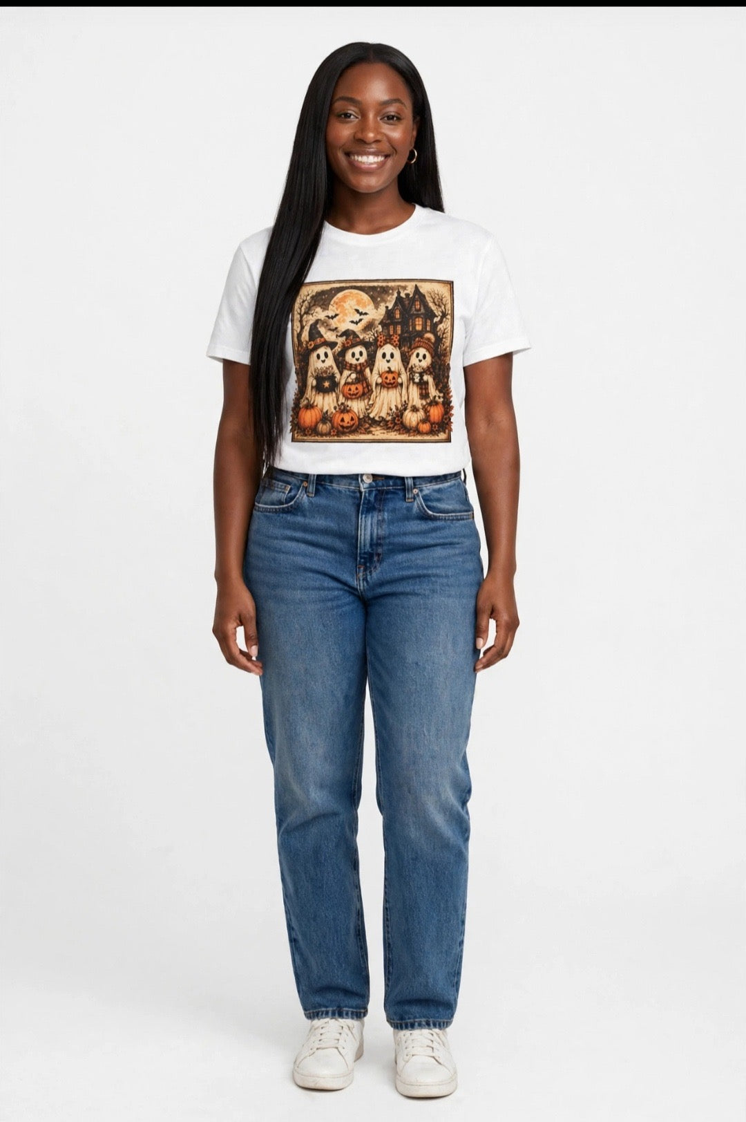 Fenix Rich Retro Vintage Besties Ghost Pumpkin Women's Halloween Graphic T-Shirt