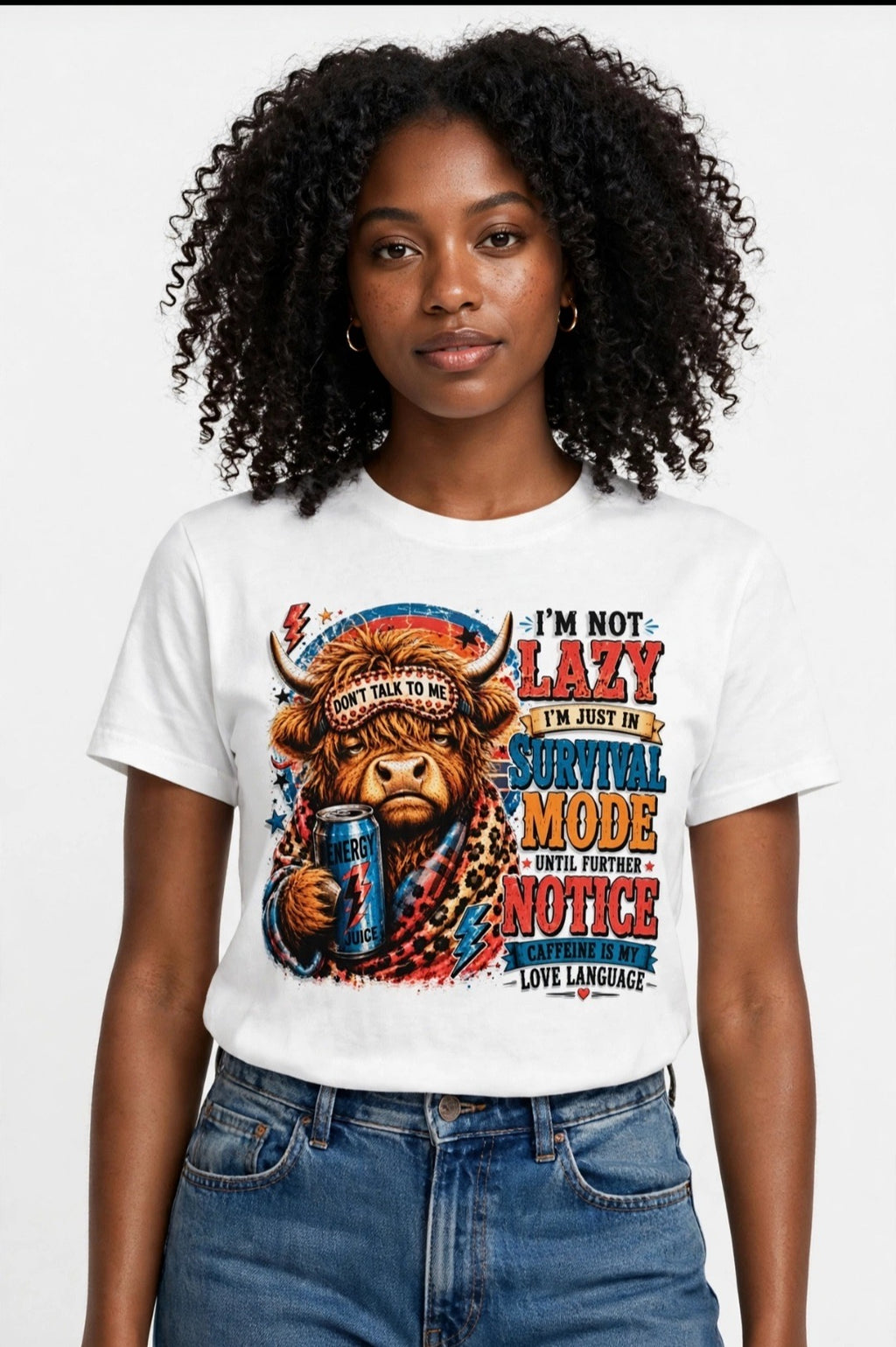 Fenix Rich I'm Not Lazy I'm In Survival Mode Highland Cow Women's Graphic T-Shirt