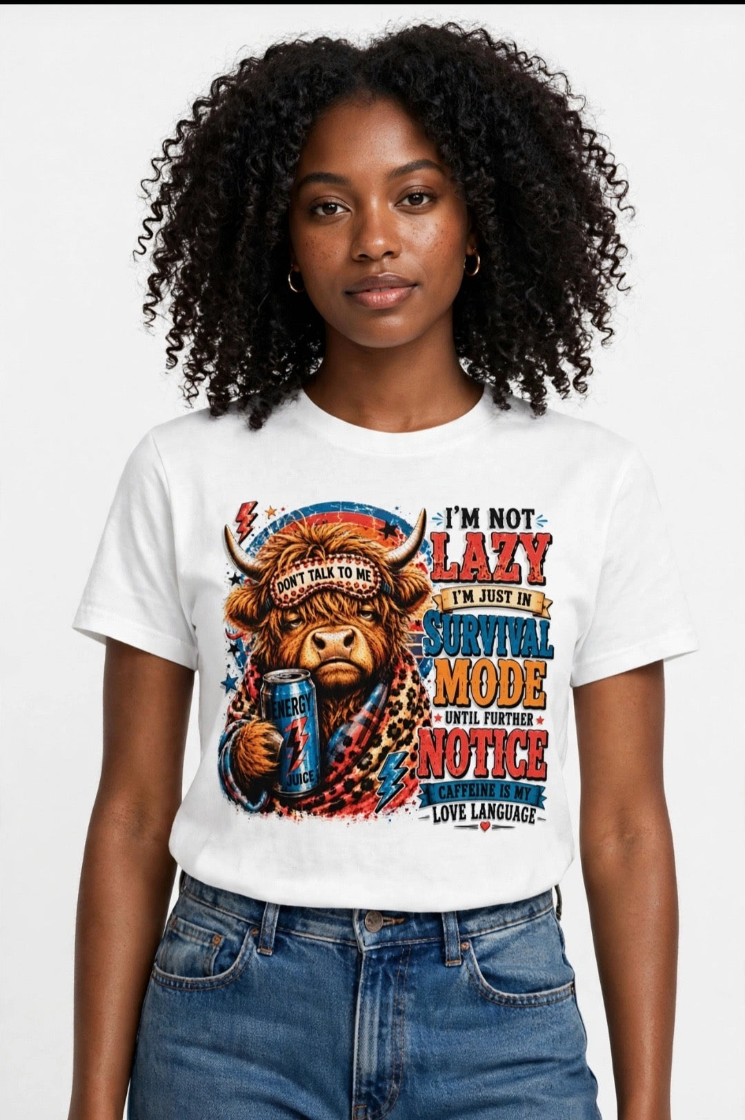 Fenix Rich I'm Not Lazy I'm In Survival Mode Highland Cow Women's Graphic T-Shirt