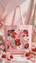 Fenix Rich Pink Strawberry Coquette Bow Canvas Tote Bag
