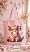 Fenix Rich Cute Highland Cow Pink Bubblegum Coquette Bow Canvas Tote Bag