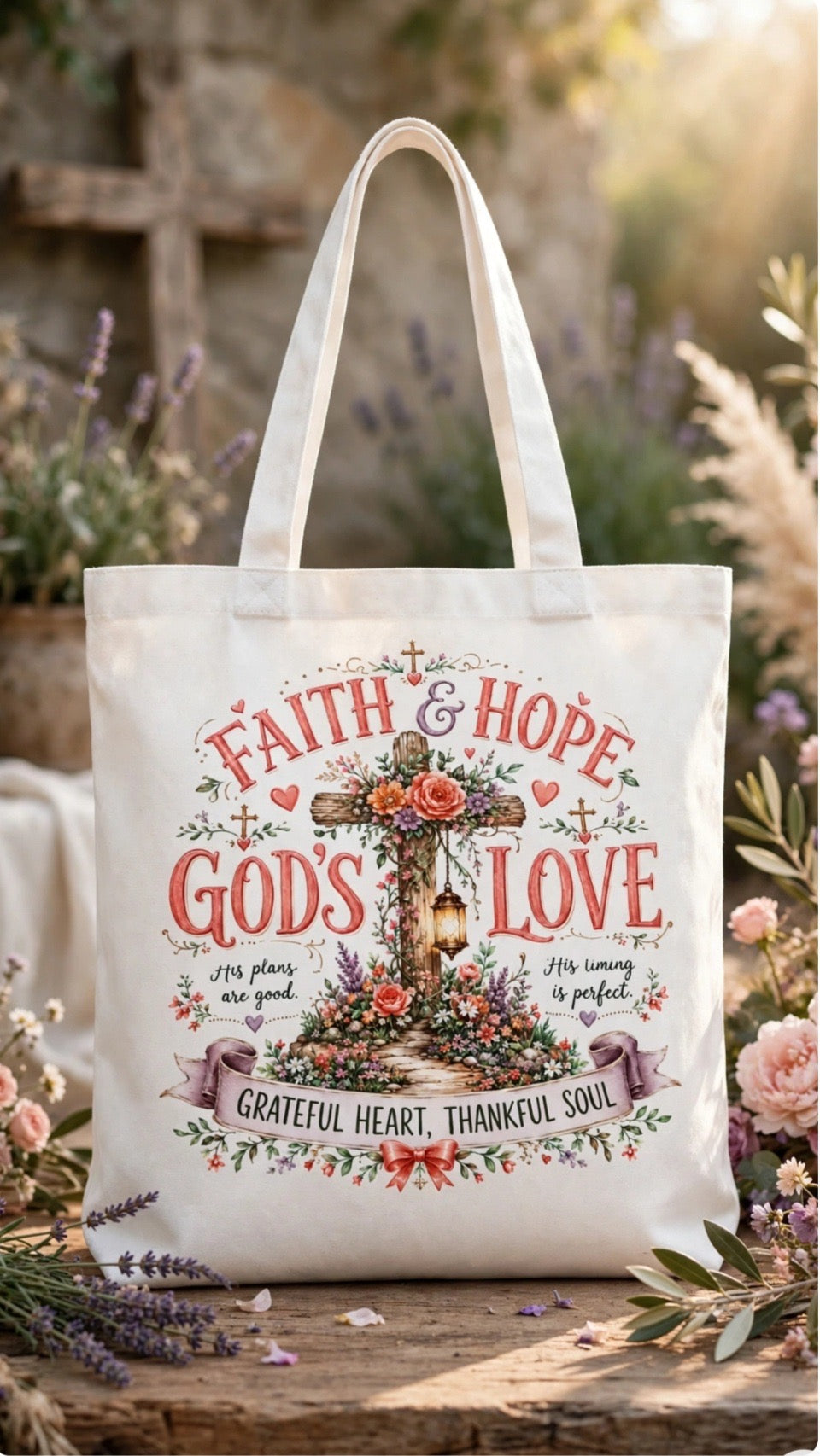 Fenix Rich Divine Love Floral Cross Grateful Heart Graphic Canvas Tote Bag
