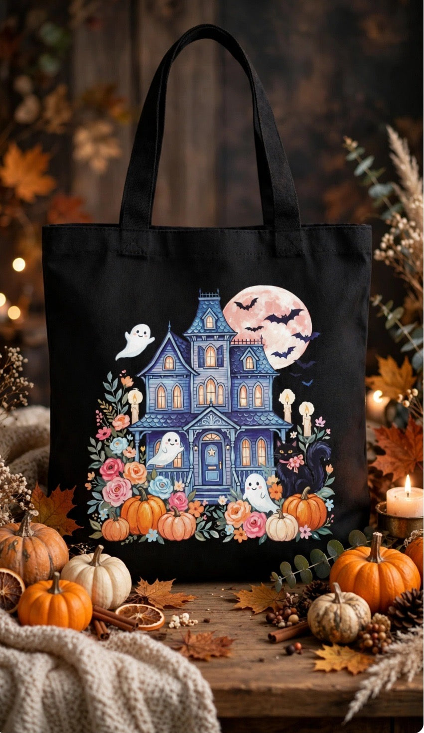 Fenix Rich Spooky Cute Haunted House Floral Ghost Canvas Tote Bag