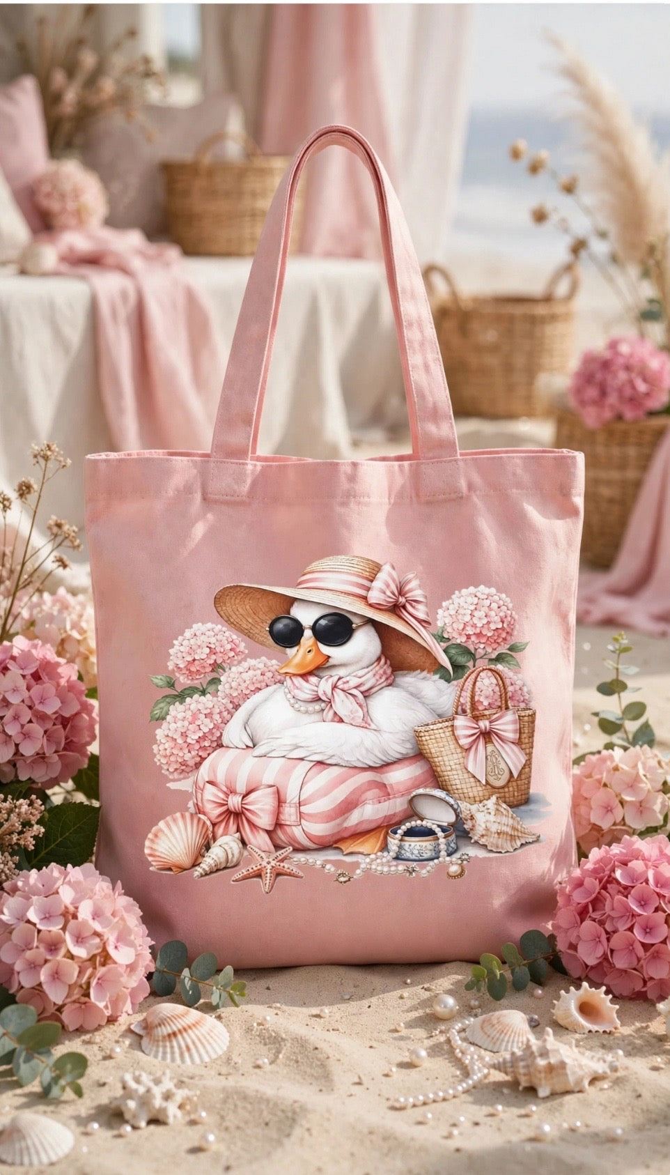 Fenix Rich Boujee Beach Duck Pink Coastal Coquette Canvas Tote Bag