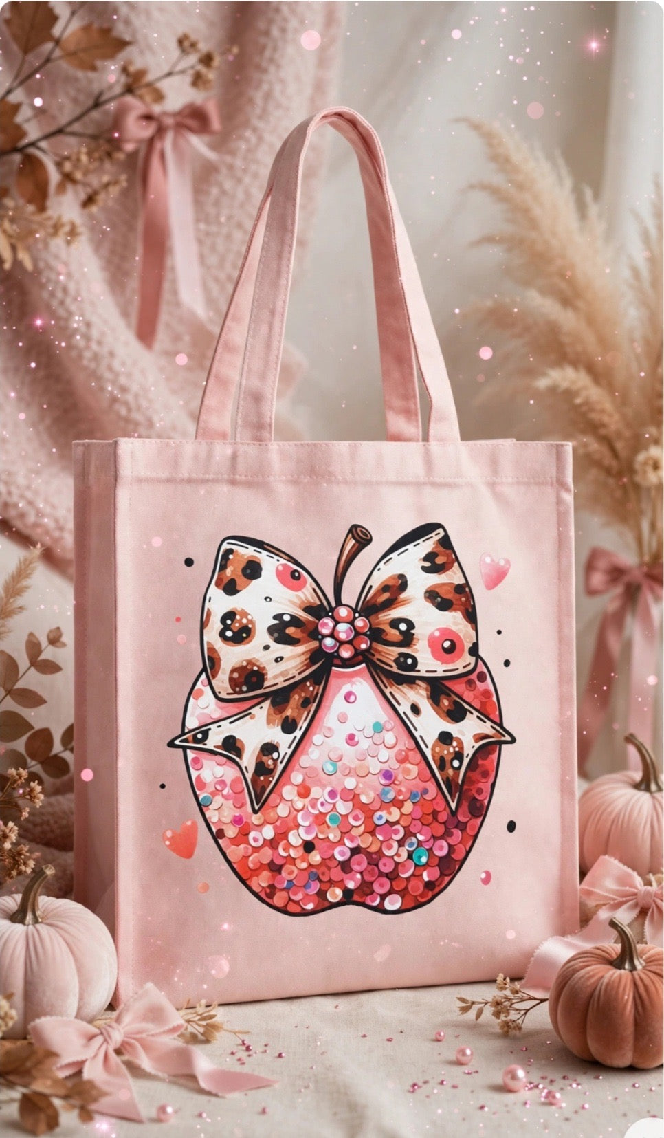 Fenix Rich Pink Glitter Pumpkin Leopard Bow Coquette Fall Canvas Tote Bag