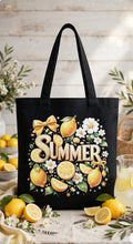 Fenix Rich Summer Lemon Citrus Floral Bow Canvas Tote Bag