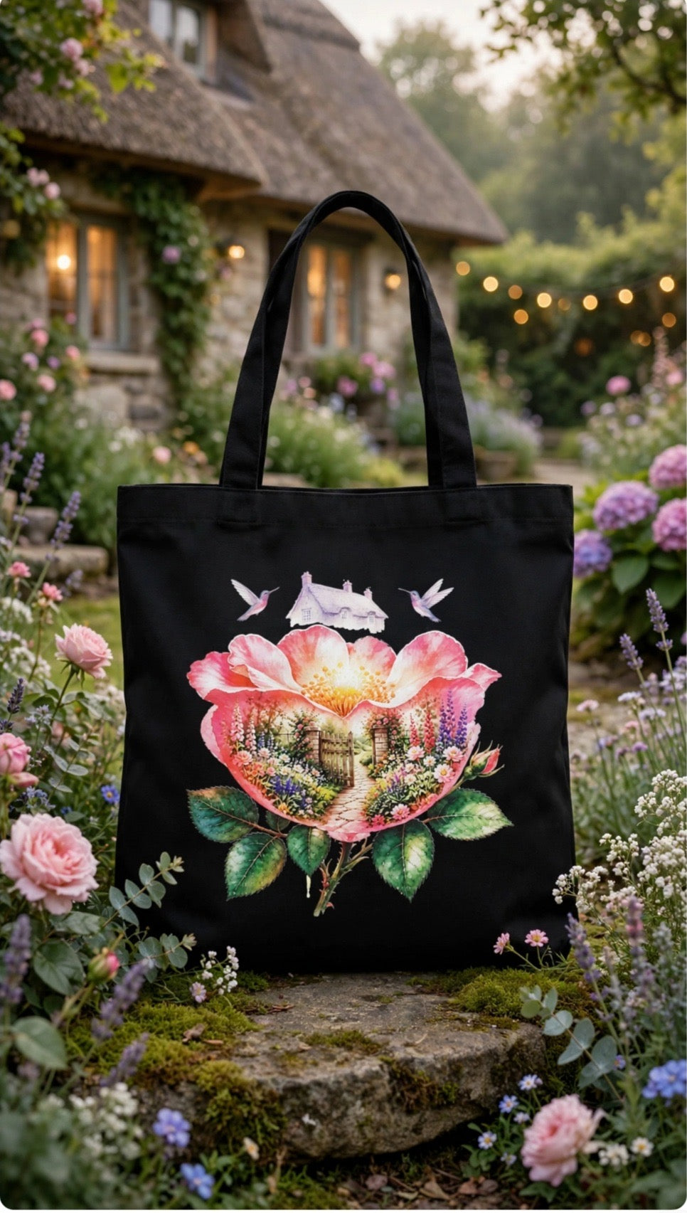 Fenix Rich Secret Garden Rose Cottagecore Floral Hummingbird Canvas Tote Bag