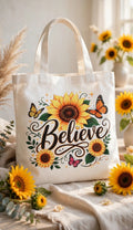 Fenix Rich Believe Sunflower Butterfly Boho Floral Motivational Canvas Tote Bag