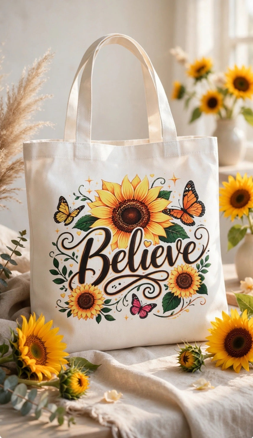 Fenix Rich Believe Sunflower Butterfly Boho Floral Motivational Canvas Tote Bag