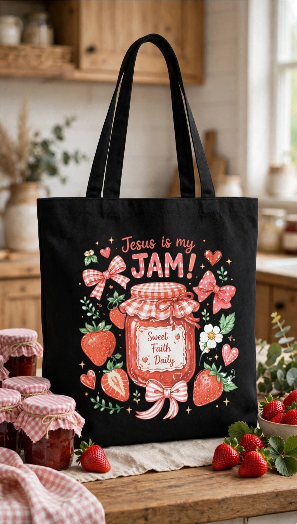 Fenix Rich He Is My Jam Strawberry Coquette Bow Graphic Canvas Tote Bag