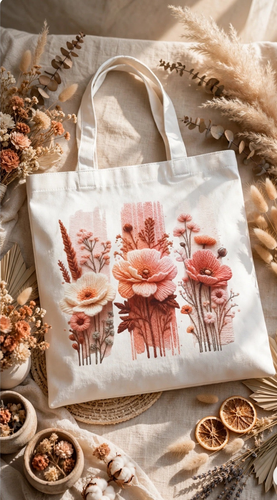 Fenix Rich Boho Floral Wildflower Cottagecore Botanical Canvas Tote Bag