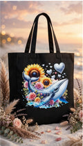 Fenix Rich Sunflower Whale Floral Ocean Canvas Tote Bag