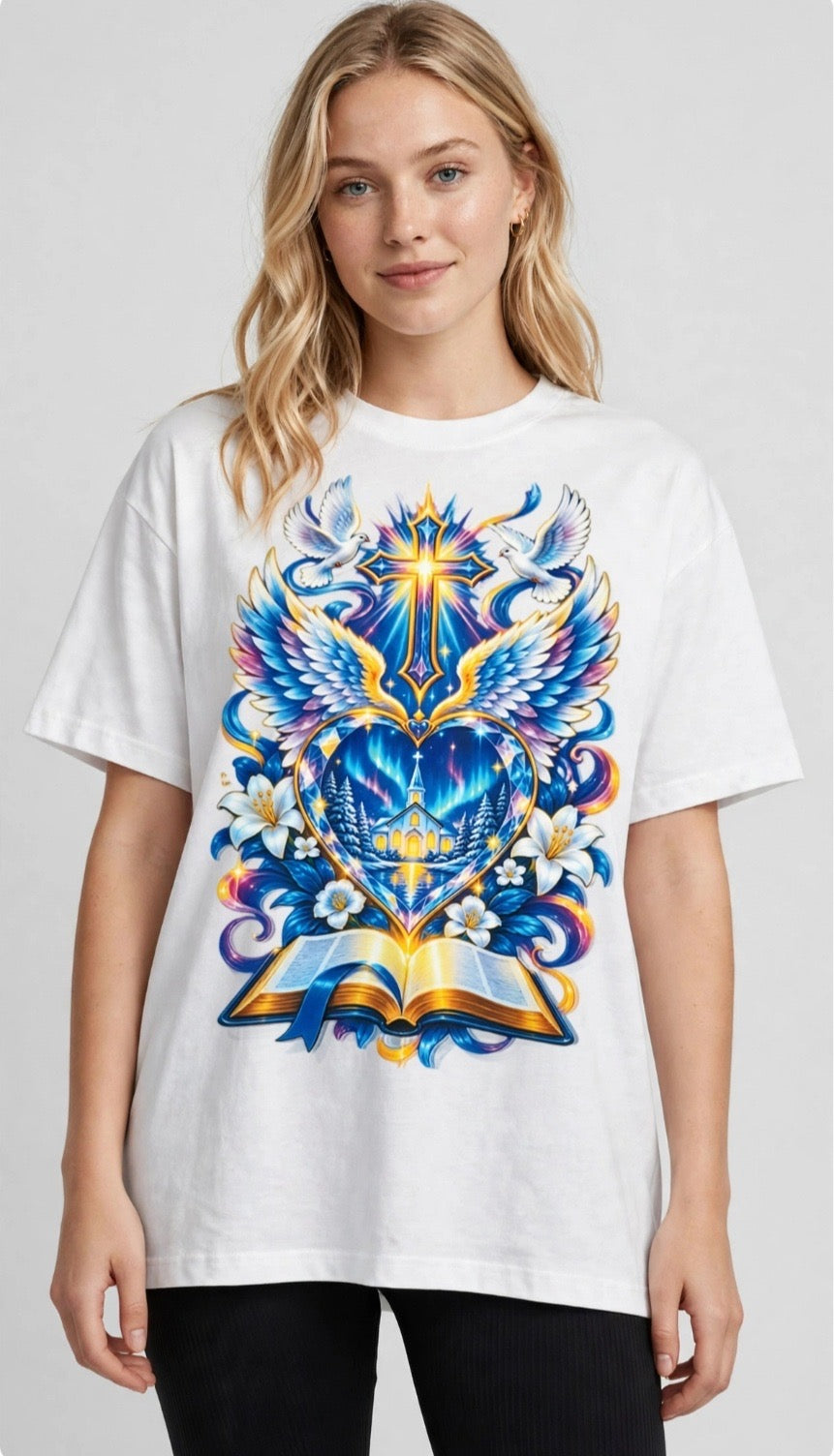 Fenix Rich Northern Light Faith Heart Cross Wings Women's Graphic T-Shirt