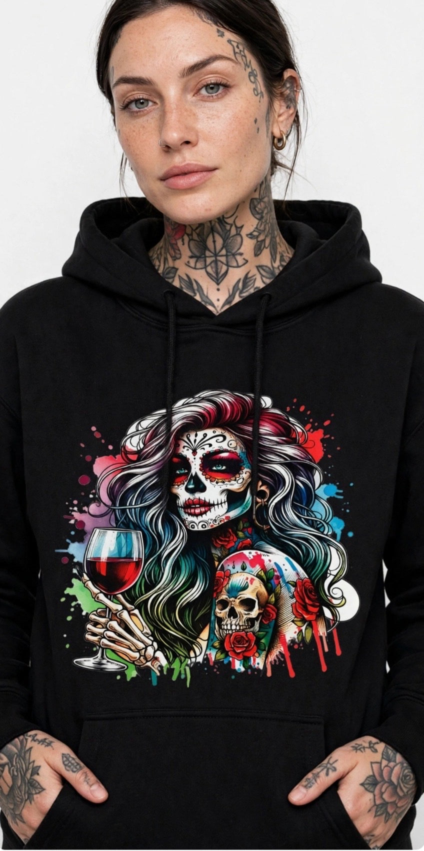 Fenix Rich Women's Sugar Skull Girl Day of the Dead Graphic Hoodie Pullover