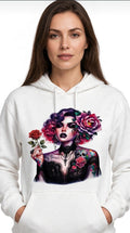 Fenix Rich Women's White Gothic Rose Tattoo Girl Sugar Skull Graphic Hoodie Pullover
