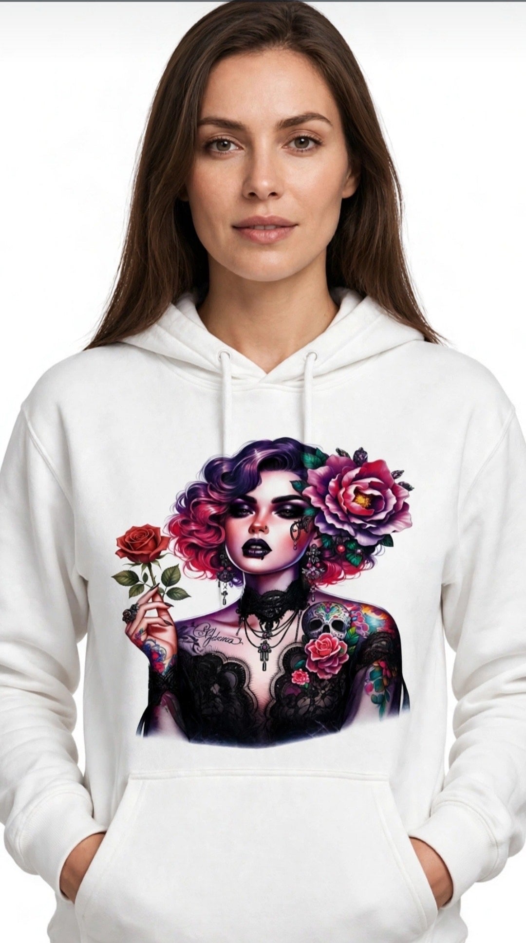 Fenix Rich Women's White Gothic Rose Tattoo Girl Sugar Skull Graphic Hoodie Pullover