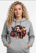 Fenix Rich Women's Grey Tattooed Girl Butterfly Floral Graphic Hoodie Pullover