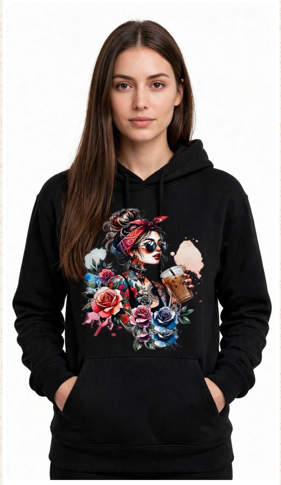 Fenix Rich Women's Tattoo Coffee Girl Floral Graphic Hoodie Pullover