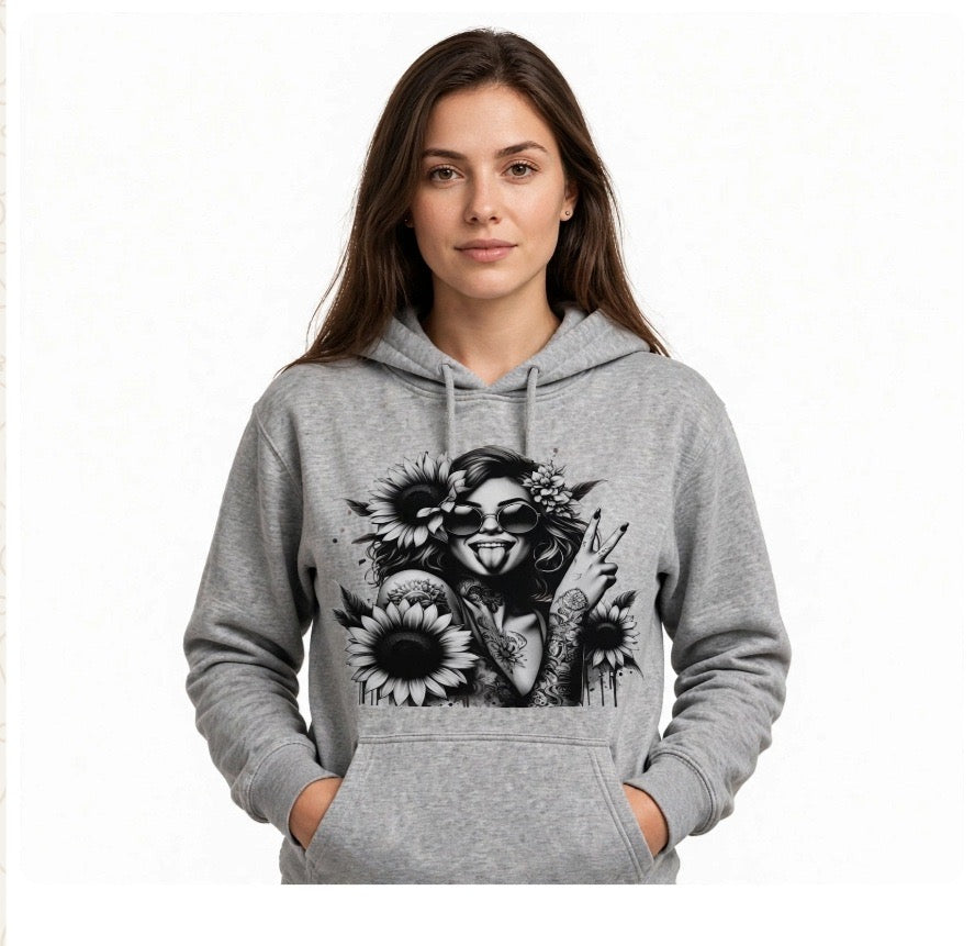 Fenix Rich Women's Grey Tattoo Girl Sunflower Peace Sign Graphic Hoodie Pullover